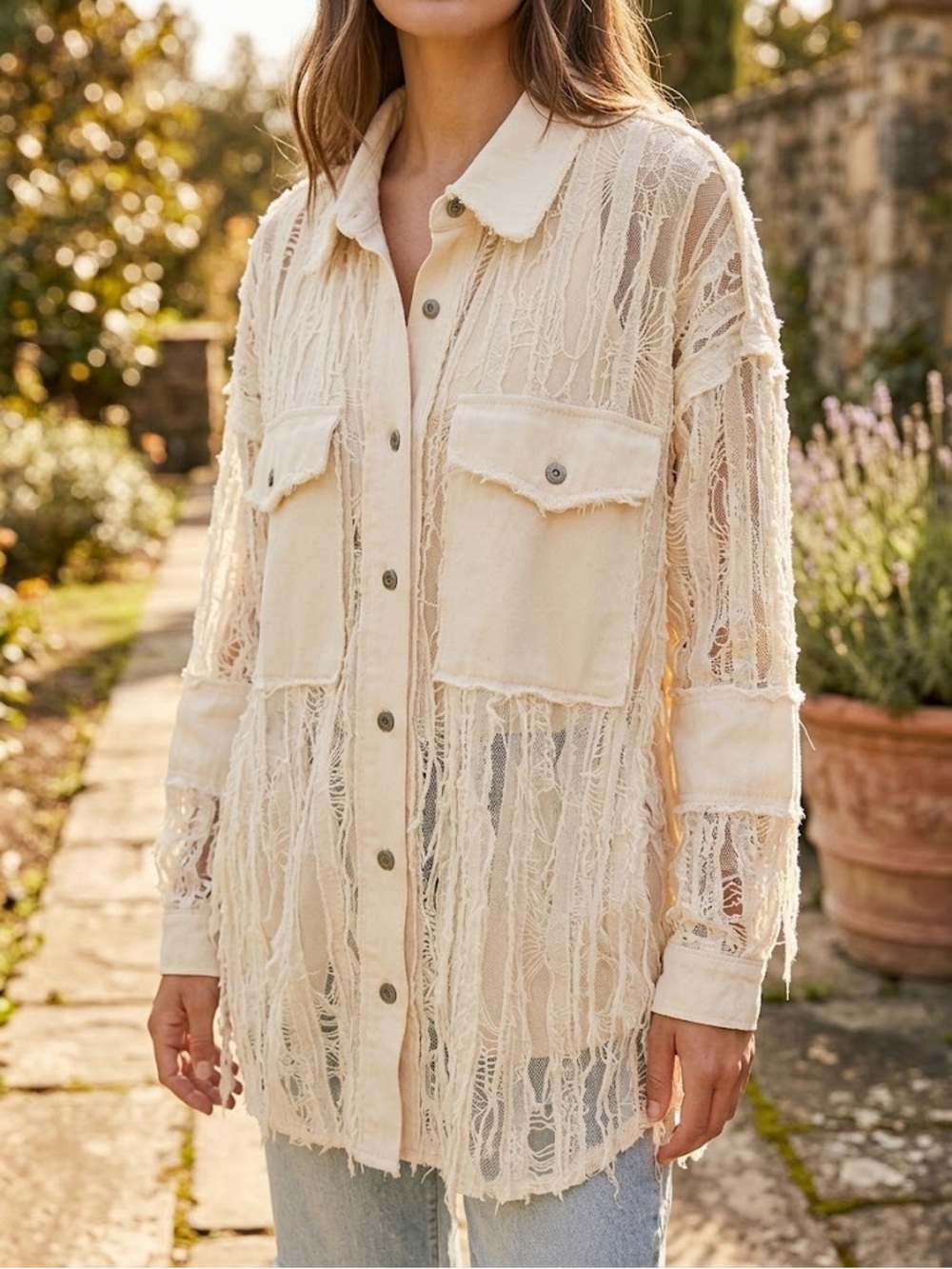 Sweet Jane - Cream Lace Button-Up Tunic